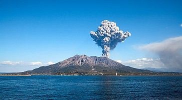 KAGOSHIMA CITY, JAPAN - FEBRUARY 15: Volcano Mt Sakurajima erupting . Kagoshima City, Japan, February 15, 2011