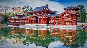 Uji, Kyoto, Japan - famous Byodo-in Buddhist temple, a UNESCO World Heritage Site. Phoenix Hall building.