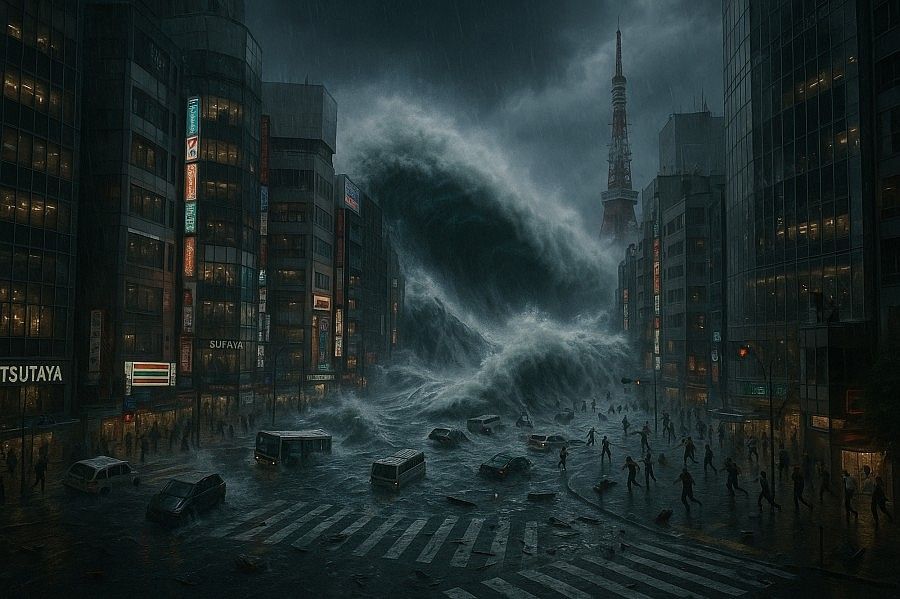 Gigantesca onda si abbatte su Tokyo di notte, persone in fuga.