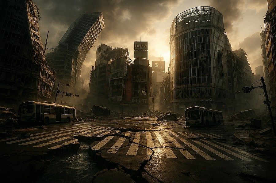 Strada deserta in una città distrutta con edifici crollati e cielo nuvoloso.